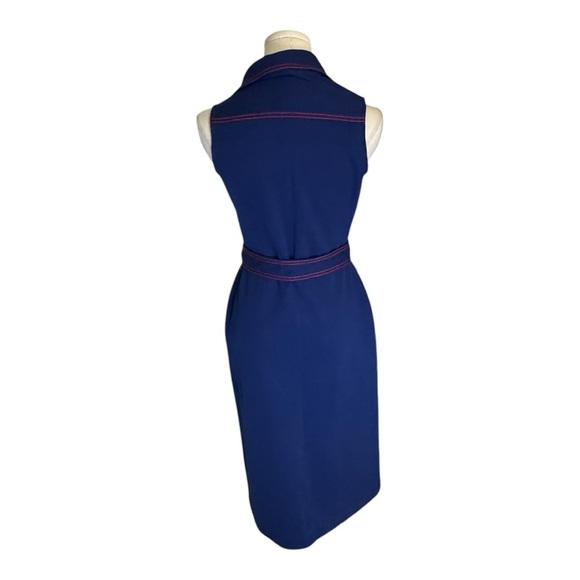 VINTAGE RENOWN Blue Red Midi Dress Belt Size S M 70’s 60’s Sleeveless Party Work - Picture 2 of 7